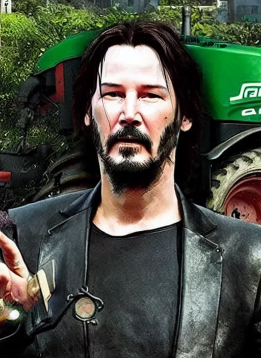 Image similar to solarpunk keanu reeves driving a tractor, cyberpunk 2 0 7 7 wake up samurai, solarpunk, lots of plants, gardening, permaculture, anarchy, realistic, ultra detailed