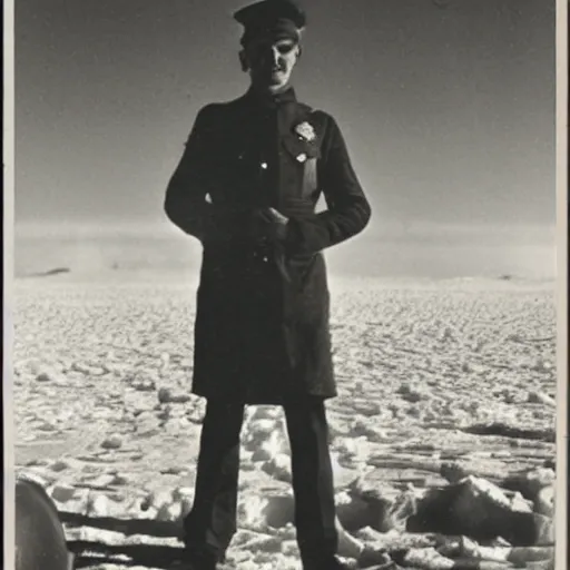 Image similar to 1937s photo ss officer with a ufo on Antarctica,