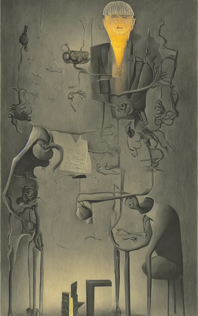 Image similar to kafkaesque bureaucracy, benjamin netanyahu, vanitas, by salvador dali and rene magritte and beksinski