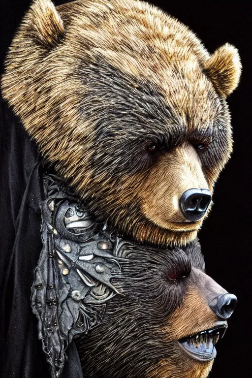 Prompt: sideview waist up portrait of bear wear black cape hoodie made with porcelain by jeff easley and peter elson, beautiful eyes and face, symmetry face, galaxy, gothic, surreal, dread, highly detailed, intricate complexity, epic composition, magical atmosphere, masterpiece, award winning, trending on artstation