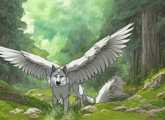 Prompt: a majestic wolf spreading his wings in a mythical forest next to a pathway, by ghibli studio and miyasaki, illustration, great composition