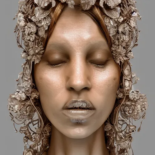 Image similar to beatifull face portrait of a woman, 150 mm, anatomical, flesh, flowers, mandelbrot fractal, facial muscles, veins, arteries, intricate, golden ratio, full frame, microscopic, elegant, highly detailed, ornate, ornament, sculpture, elegant , luxury, beautifully lit, ray trace, unreal, 3d, PBR, in the style of peter Gric , alex grey and Romero Ressendi