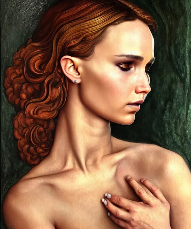 Image similar to half nathalie portman half Jennifer lawrence a fantasy magic woman portrait by Sandro Botticelli, oil painting masterpiece, sci-fi, amber eyes, face, long hair, fantasy, intricate, elegant, highly detailed, digital painting, artstation, concept art, smooth, sharp focus, illustration, art by artgerm and greg rutkowski and alphonse mucha