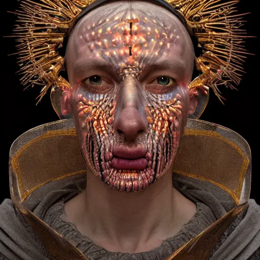 Prompt: Colour Caravaggio Bosch style Photography of Highly detailed Man with reflecting glowing skin with highly detailed 1000 years old face with reflecting glowing skin wearing highly detailed sci-fi VR headset designed by Josan Gonzalez. Many details . In style of Josan Gonzalez and Mike Winkelmann and andgreg rutkowski and alphonse muchaand and Caspar David Friedrich and Stephen Hickman and James Gurney and Hiromasa Ogura. Rendered in Blender and Octane Render volumetric natural light