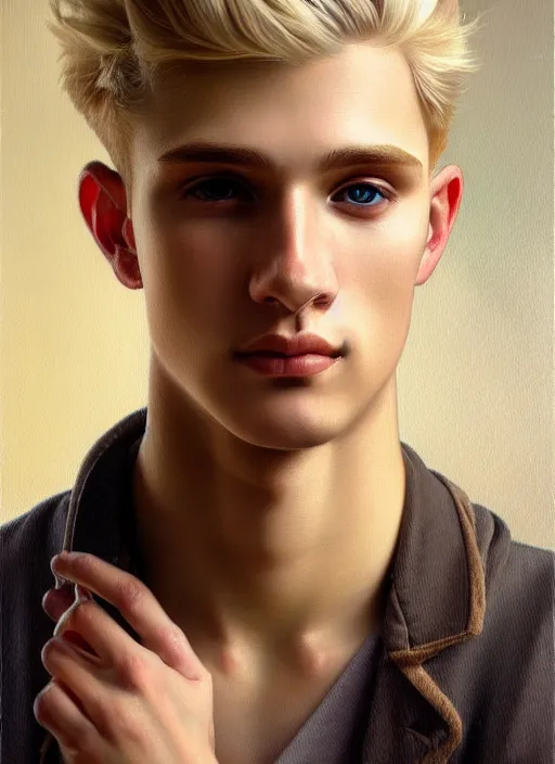 Image similar to young man with ash blond hair, oil painting, intricate, elegant, highly detailed, lighting, painting, artstation, smooth, illustration, art by greg rutowski and alphonse mucha