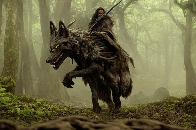 Image similar to vfx movie closeup detailed ancient armored warrior orc hunting riding large wolf in the forest, natural lighting by emmanuel lubezki