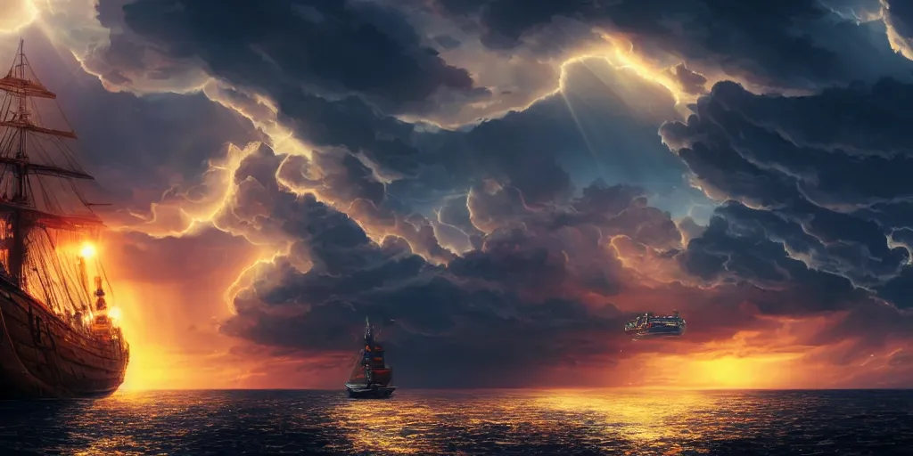 Prompt: close portrait of a ship on the sea, over the shoulder on the ship is a medieval woman ship pilot from behind, dramatic golden neon sunset with wall of storm clouds, wearing shiny breastplate, dynamic lighting, hyperrealistic, hd 4 k, artstation