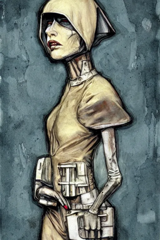 Image similar to portrait fashion model cyborg nun artwork by enki bilal