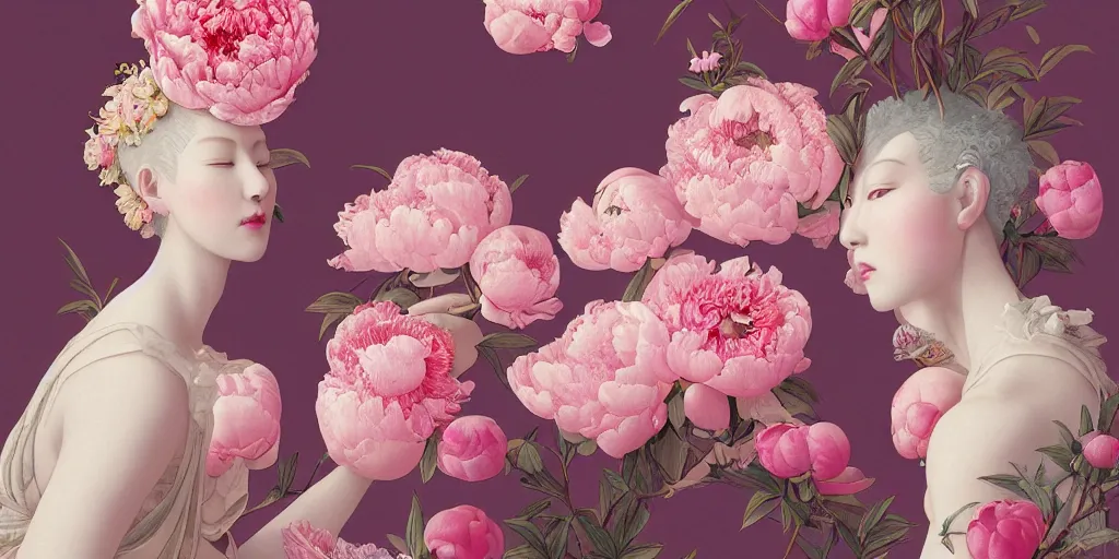 Image similar to breathtaking detailed concept art painting blend of pink short hair goddesses of peonies by hsiao - ron cheng with anxious piercing eyes, vintage illustration pattern with bizarre compositions blend of flowers and fruits and birds by beto val and john james audubon, exquisite detail, extremely moody lighting, 8 k