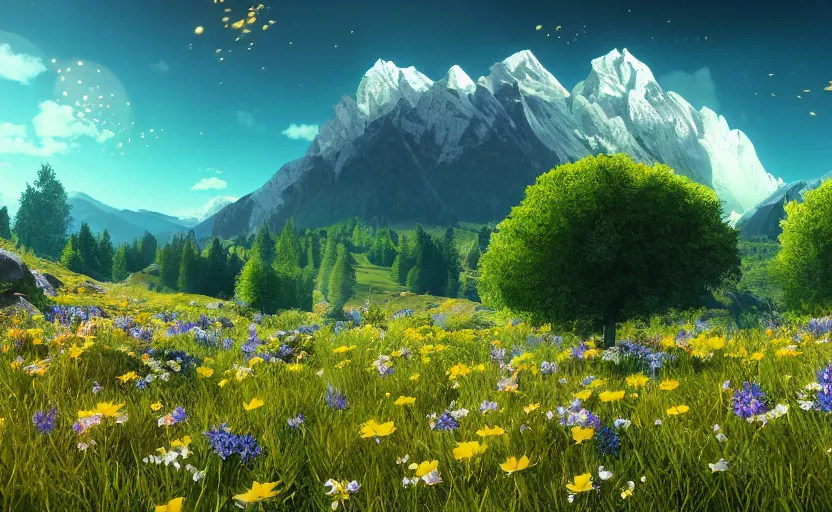 Image similar to mountain landscape in summer, flowers, trees, blue landscape, dreamy light, sunny, floating particles, complementary palette, by and jacek yerga and jesse king, pop surrealist, wiccan, unreal engine, bokeh, detailed