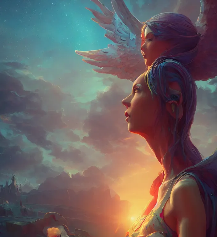 Prompt: centered waist up portrait photography an angel + bokeh + DOF + 8k, photorealistic + rendered in unreal engine + colors and composition by Peter Mohrbacher + line work by Dan Mumford , ultra realistic + backlit + strong rimlight, sunset + HDRI, HD, Photoreal