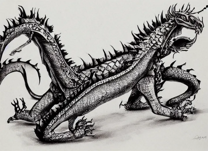 Prompt: pen and ink drawing, real dragon with steam punk apparatus strapped to it, white background, Olivia Kemp, julia Hill