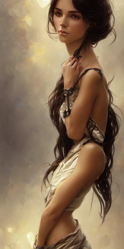 Image similar to an attractive young female, olive skin, long dark hair, beautiful bone structure, intricate, elegant, highly detailed, digital painting, artstation, concept art, smooth, sharp focus, illustration, art by artgerm and greg rutkowski and alphonse mucha