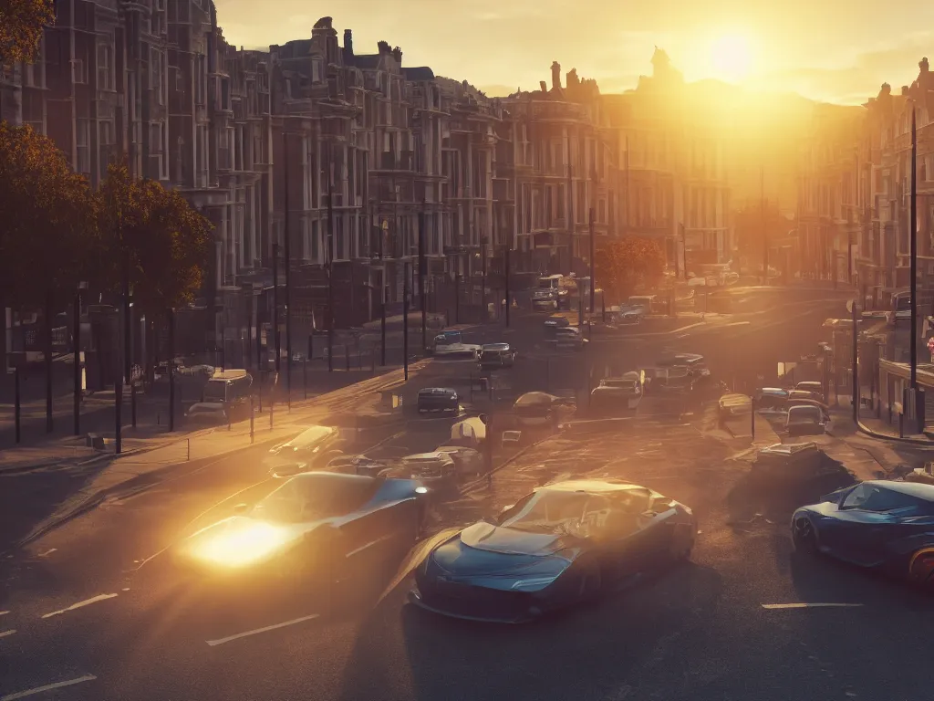 Prompt: 3 cars on london street, dramatic higher up cinematic angle, bright sunset lighting, unreal engine