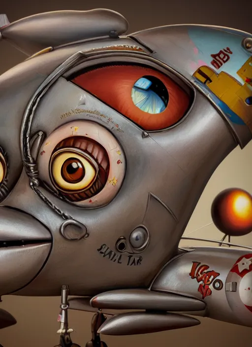 Prompt: highly detailed closeup portrait of a cute tin toy retro airplane, nicoletta ceccoli, mark ryden, lostfish, earl nore, hyung tae, frank frazetta, global illumination, god rays, detailed and intricate environment