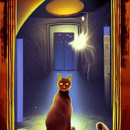 Image similar to cat as an magician in a dark basement, scary, magical