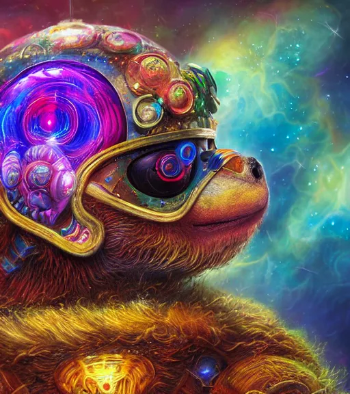 Prompt: portrait of a fantasycore glitchcore sloth in a helmet. intricate abstract. intricate artwork. celestial. prismatic, by josephine wall, pixar, ghibli. octane render, CGSociety very coherent symmetrical artwork. cinematic, hyper realism, high detail, octane render, 8k, holographic accents