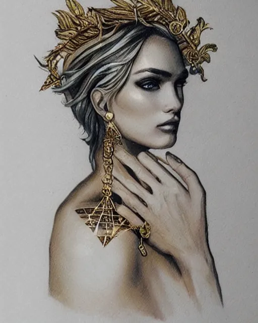 Image similar to tattoo sketch of beautiful super model aphrodite greek goddess wearing a gold laurel wreath and triangle earrings,, beautiful piercing gaze with sharp pupils, beautiful blonde hair, in the style of greg rutkowski, fantasy, amazing detail, epic, elegant, smooth, sharp focus, front view