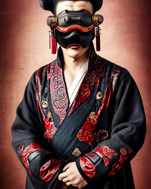 Image similar to photo of a Dramatic Peking Opera male character wearing MadMax style steampunk goggles and accessories in the style of stefan kostic, realistic, sharp focus, symmetric, 8k high definition, insanely detailed, intricate, elegant, art by stanley lau and artgerm, William-Adolphe Bouguereau