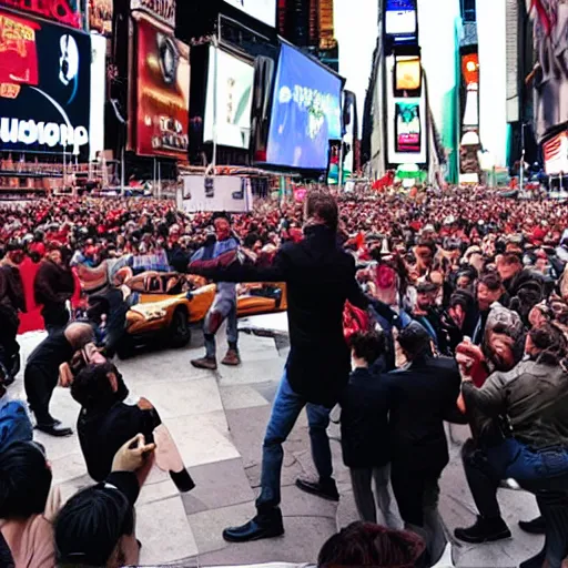 Prompt: julius caesar getting assassinated in times square, realistic photograph - n 9