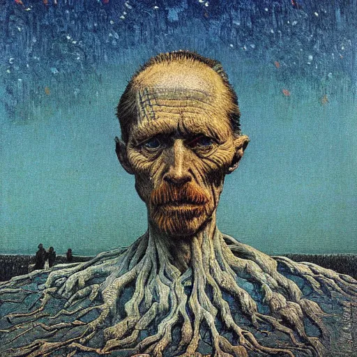 Image similar to illustrated by zdzisław beksinski and van gogh