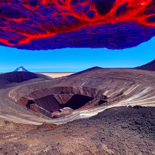 Prompt: volcanic landscape. the deepest strip mine in the world. cosmic fantasy