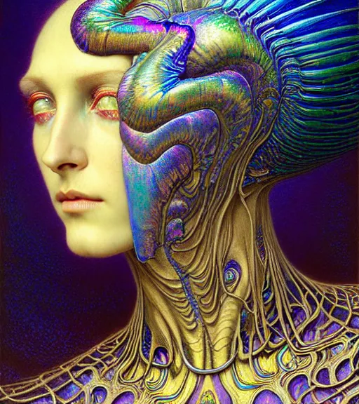 Prompt: detailed realistic iridescent beautiful young cher cyber alien fractal queen of mars portrait by jean delville, gustave dore and marco mazzoni, art nouveau, symbolist, visionary, baroque. horizontal symmetry by zdzisław beksinski, iris van herpen, raymond swanland and alphonse mucha. highly detailed, hyper - real, beautiful