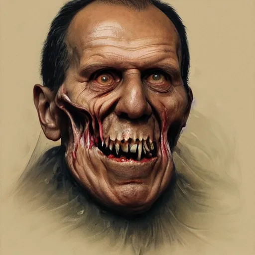 Image similar to a portrait of sergey lavrov, flesh eating worms, macabre, horror saw teeth, horror rotten teeth, peeling face skin, by donato giancola and greg rutkowski and wayne barlow and zdzisław beksinski, realistic face, visible face, digital art, artstation, symmetry