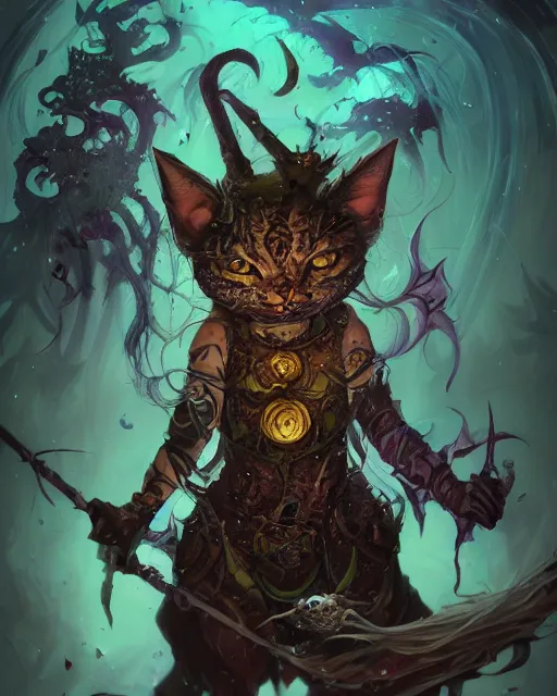 Image similar to Cat Witch, Nurgle, Tzeentch, magic the gathering artwork, D&D, fantasy, cinematic lighting, centered, symmetrical, highly detailed, digital painting, artstation, concept art, smooth, sharp focus, illustration, volumetric lighting, epic Composition, 8k, art by Akihiko Yoshida and Greg Rutkowski and Craig Mullins, oil painting, cgsociety