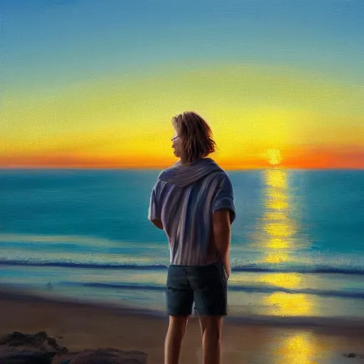 Image similar to a teen guy with a blonde mullet, portrait, sunset, ocean in distance, oil painting, pale colors, high detail, 8 k, wide angle, trending on artstation,