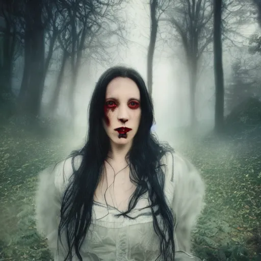 Image similar to charismatic rural cottagecore brunette female vampire, portrait, at highgate cemetery, atmospheric lighting, painted, intricate, mist, cold, volumetric lighting, beautiful, blue tint, moon light, sharp focus, ultra detailed, by leesha hannigan, ross tran, thierry doizon, kai carpenter, ignacio fernandez rios