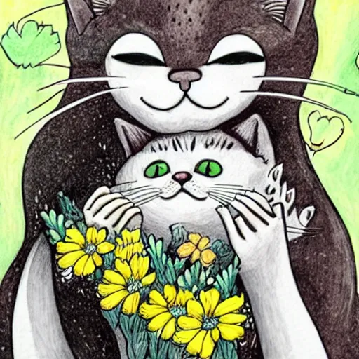 Image similar to cat smelling flowers, in the style of chiara bautista