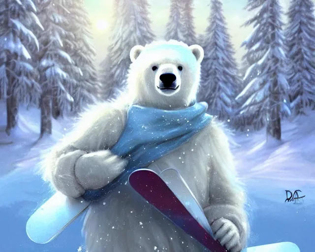 Image similar to a super cute anthropomorphic polar bear in snowgear from final fantasy, holding a snowboard, deep focus, d & d, fantasy, intricate, elegant, highly detailed, digital painting, artstation, concept art, matte, sharp focus, illustration, hearthstone, art by artgerm and greg rutkowski and alphonse mucha