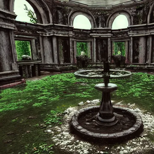 Prompt: abandoned garden inside a dark mansion, fountain, dead flowers, realistic, highly detailed, background of resident evil game