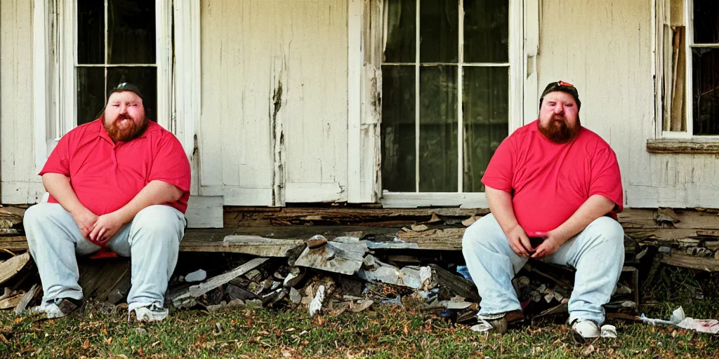 Image similar to close up portrait of fat redneck man sitting on front porch of dilapidated house, kodak gold 2 0 0,