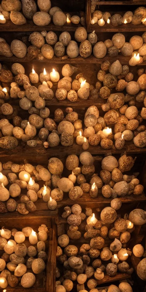 Prompt: a large old wooden cabinet full of extremely detailed scary alien eggs, burning candels in front, beautifull low light