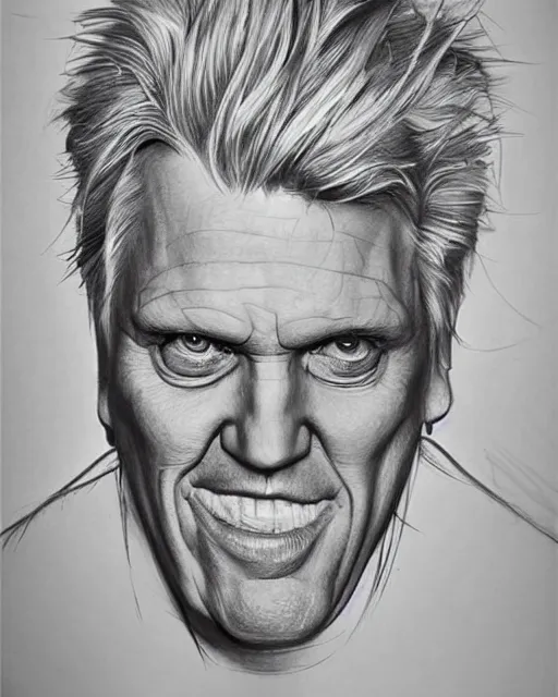 Prompt: a beautiful hyperrealistic portrait pencil sketch from a picture, of an old alcoholic Gary Busey Batman by Peter Mohrbacher, technical drawing, blueprint diagram, trending on artstation