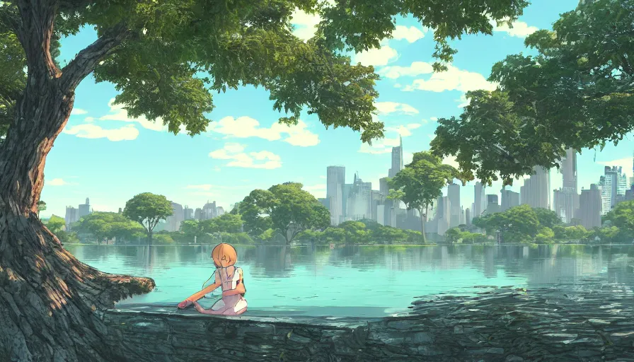 Prompt: new york city with a lake, beautiful ancient trees, hiding large treasure chest, serene evening atmosphere, soft lens, soft light, cel - shading, animation, in the style of cgsociety, deviantart, artstation, zbrush, cinema 4 d, studio ghibli, akihiko yoshida, atelier lulua, masamune shirow