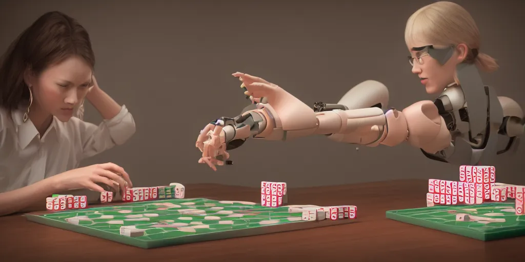 Prompt: mathematician playing mahjong against a female robot, [ photorealistic, octane render, 8 k, photography, intimate ]