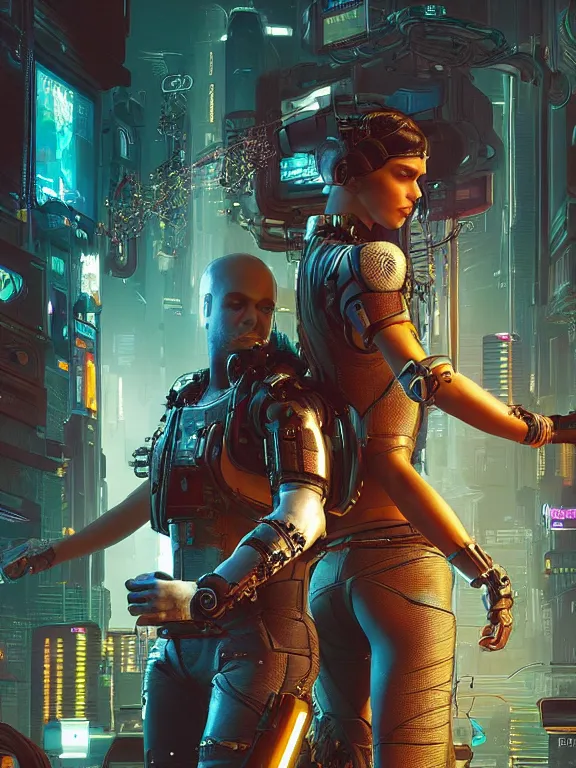 Image similar to a cyberpunk 2077 illustration half body portrait of two female android dancer queen,complex mess of cables and wires behind them connected to giant computer, film lighting, by laurie greasley,Lawrence Alma-Tadema,William Morris,Dan Mumford, trending on atrstation, full of color, mythological, high detailed,golden ratio,symmetrical proportions,cinematic lighting