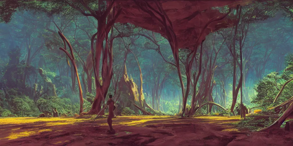 Image similar to a twirly monument right in the middle of a huge crater in a tropical forest, ralph maquarrie and syd mead cinematic matte painting, 4 k