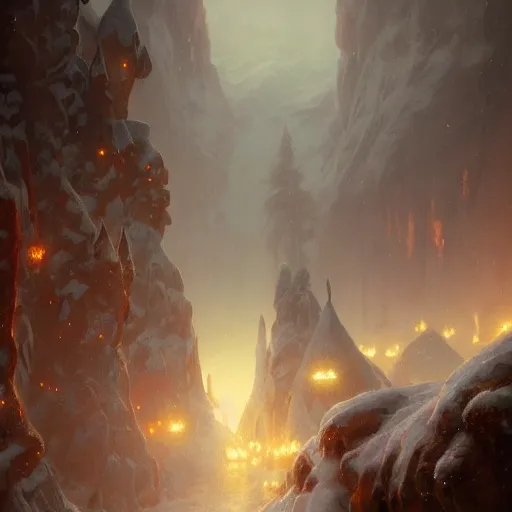 Prompt: a valley with tens of snowmen, atmospheric, fantasy, volumetric lighting, glowing lights, 4k, octane, digital painting, artstation, concept art, sharp focus, illustration, art by artgerm and greg rutkowski and alphonse mucha