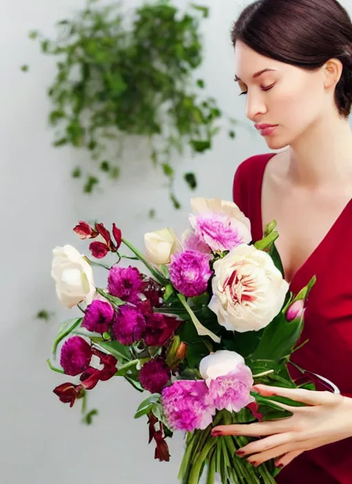 Prompt: an elegant woman is arranging flowers, elegant, high class
