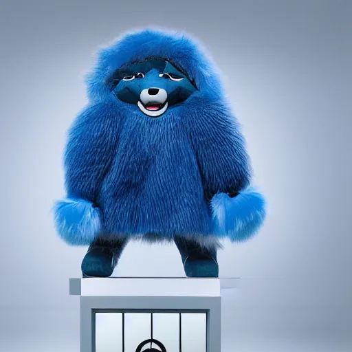 Image similar to nike fluffy mascot made of very fluffy blue faux fur placed on reflective surface, professional advertising, overhead lighting, heavy detail, realistic by nate vanhook, mark miner
