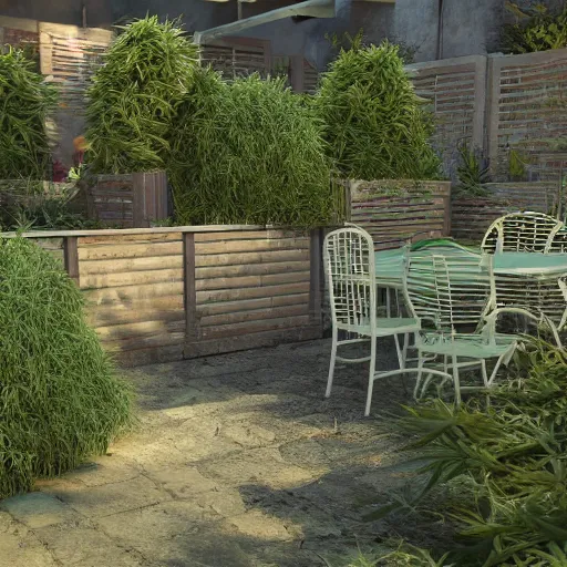 Prompt: leaked photos of my mother's backyard with full of weed, trending on artstation, 8 k, octane render, detailed lighting, high quality render, aesthetic, unreal engine