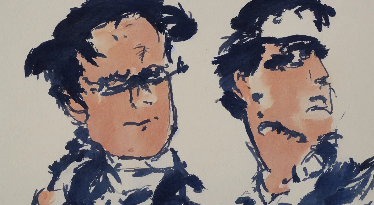 Prompt: close up portrait Corto Maltese, watercolour by Hugo Pratt, oil on canvas