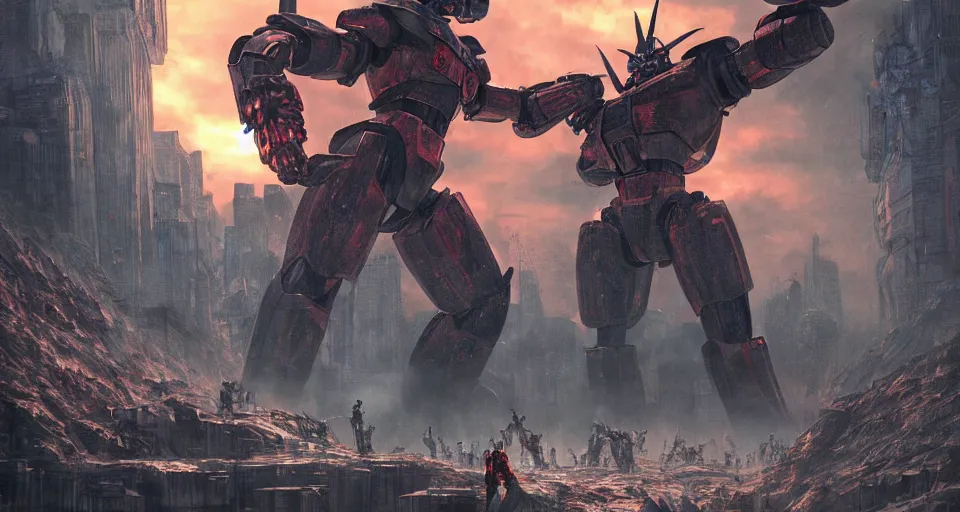 Image similar to realistic landscape beautiful detailed 3 d painting of cinematic movie scene, mazinger z versus kaiju in tokyo. action sequence, created by gustave dore and greg rutkowski, high detailed, smooth draw, synthwave neon retrofuturism, intricate, realistic proportions, dramatic lighting, trending on artstation.