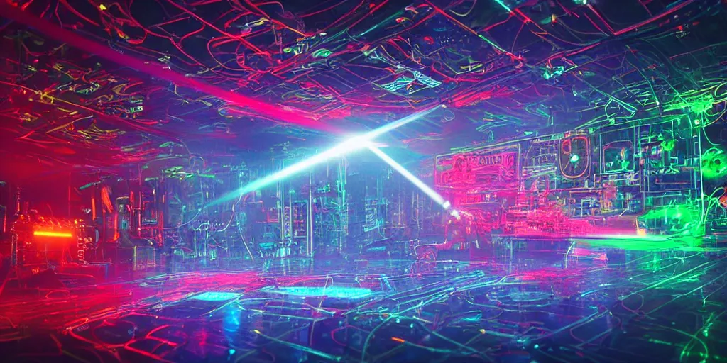 Image similar to wet complex, colored lasers, robots, circuits, smoke, god rays, wires, wet metal reflections, mirrors, infinite, close up, glowing wires, wet, ultra detailed, group of robots