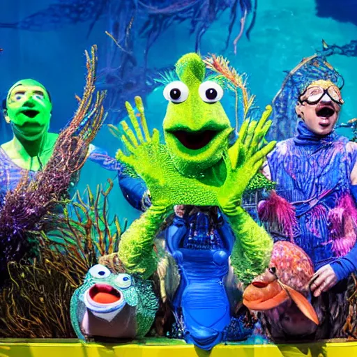 Prompt: a cast of aquatic puppets based on real fish and aiming to bring awareness to ocean and oil pollution, in the style of muppets, in an aquarium, lighting and character design from spongebob the musical on broadway, real, photograph, cinematic