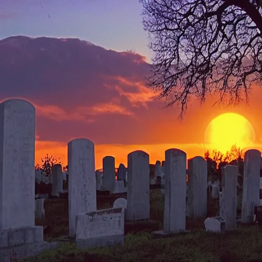 Prompt: photo of a cemetery at sunset, super 8 footage